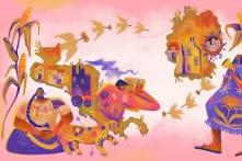 Zentralamerikanische Kunst gezeichnet vor einem pinken Hintergrund