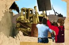 Illustration: Demonstrierende und ein Bulldozer