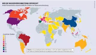 Die Infografik zeigt eine Weltkarte, die anhand verschiedener Farben, den Forschungsstand verschiedener Länder zur Wasserverschmutzung zeigt.