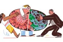 Illustration: Drei menschen ziehen in verschiedene Richtungen an einem Oval, darauf ist ein Frosch und eine Blume abgebildet