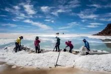 Eine Familie erntet verkrustetes Salz in der Salar de Uyuni in den Anden im Südwesten Boloviens