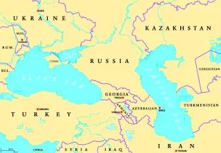 Politische Karte der Region Schwarzes Meer und Kaspisches Meer mit Hauptstädten, internationalen Grenzen, Flüssen und Seen. Wasserflächen zwischen Osteuropa und Westasien. Illustration.