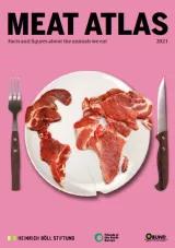 Cover Meat Atlas. A plate with pieces of meat in the form of a map of the world. 